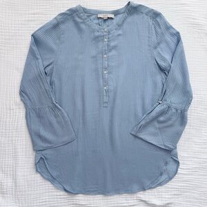 Loft light blue lightweight half button down split bell sleeve blouse size Large